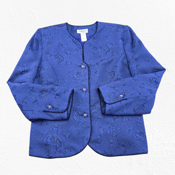 Vintage 80s Royal Blue Jacquard Skirt Suit Floral Formal Skirt Blazer Size 12P - Picture 3 of 16